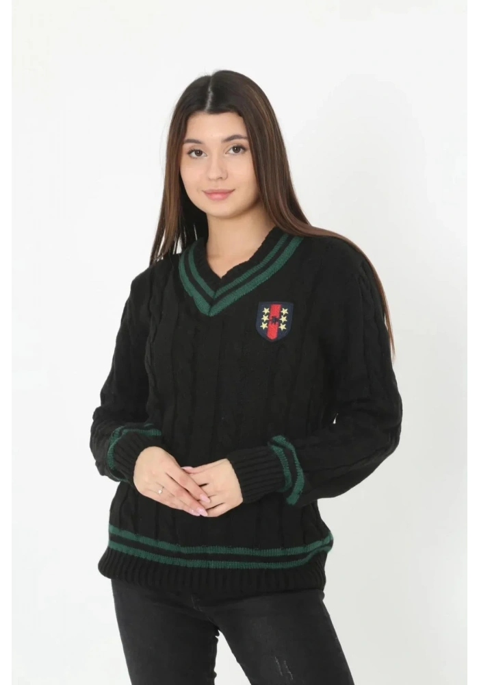 Kadın V Yaka Örgülü Kazak - Siyah