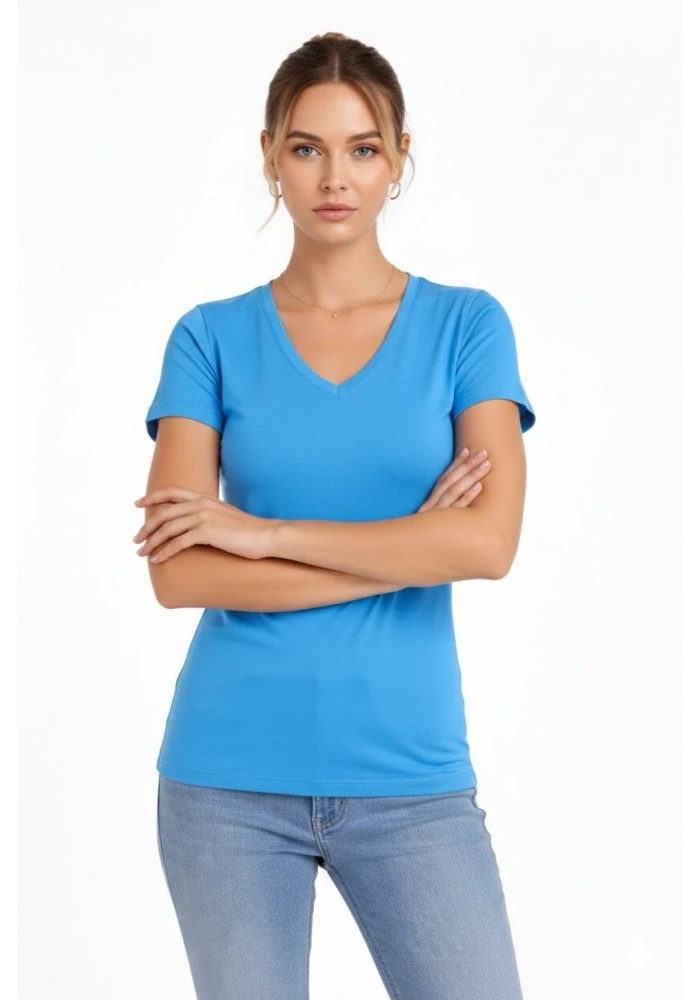 Kadın T-Shirt V Yaka Slim Fit Likralı Tişört Yazlık Basic Body - Açık Mavi