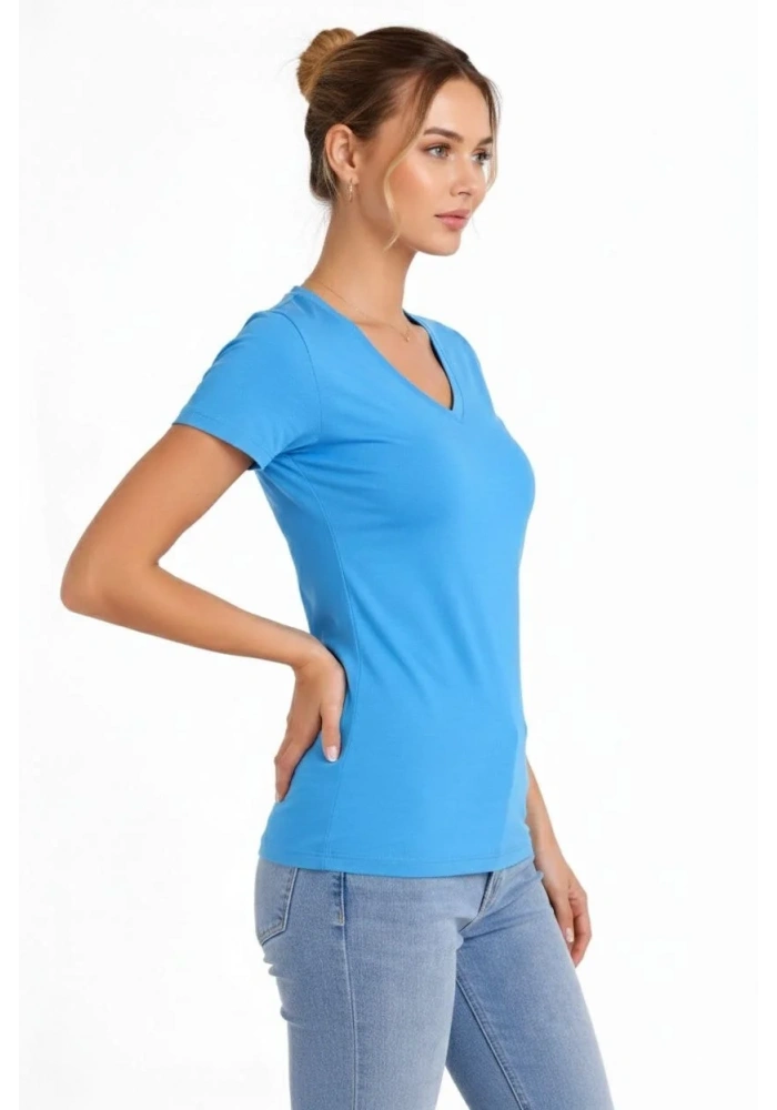 Kadın T-Shirt V Yaka Slim Fit Likralı Tişört Yazlık Basic Body - Açık Mavi