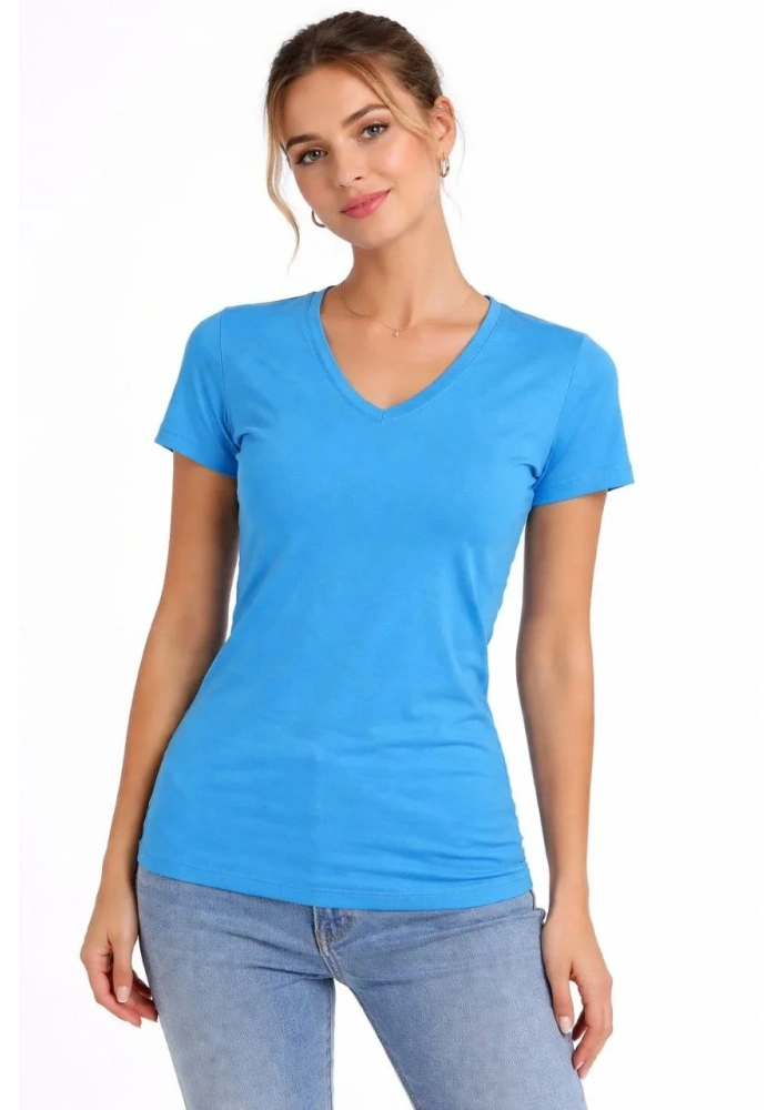 Kadın T-Shirt V Yaka Slim Fit Likralı Tişört Yazlık Basic Body - Açık Mavi