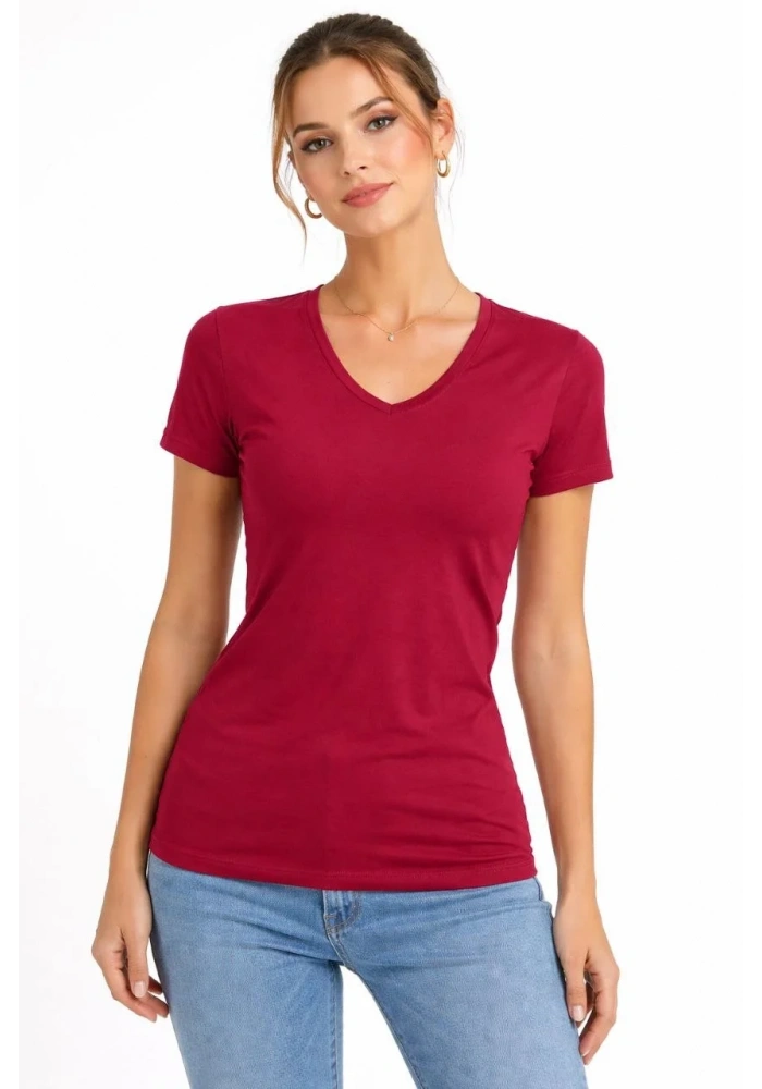 Kadın T-Shirt V Yaka Slim Fit Likralı Tişört Yazlık Basic Body - Kırmızı