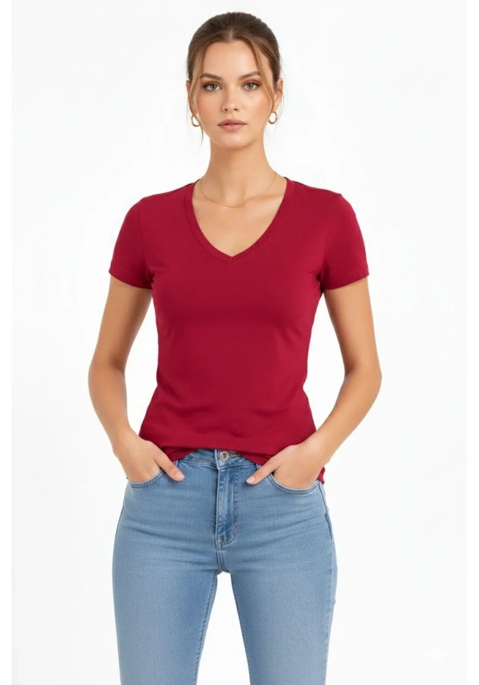 Kadın T-Shirt V Yaka Slim Fit Likralı Tişört Yazlık Basic Body - Kırmızı