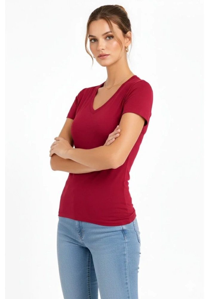 Kadın T-Shirt V Yaka Slim Fit Likralı Tişört Yazlık Basic Body - Kırmızı