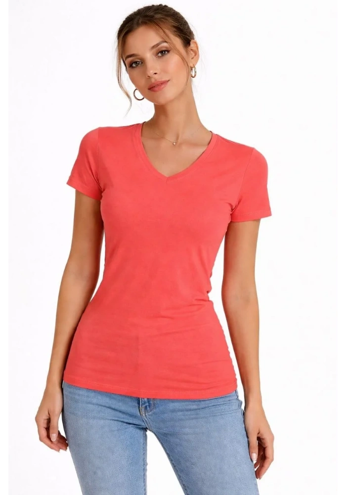 Kadın T-Shirt V Yaka Slim Fit Likralı Tişört Yazlık Basic Body - Nar Çiçeği