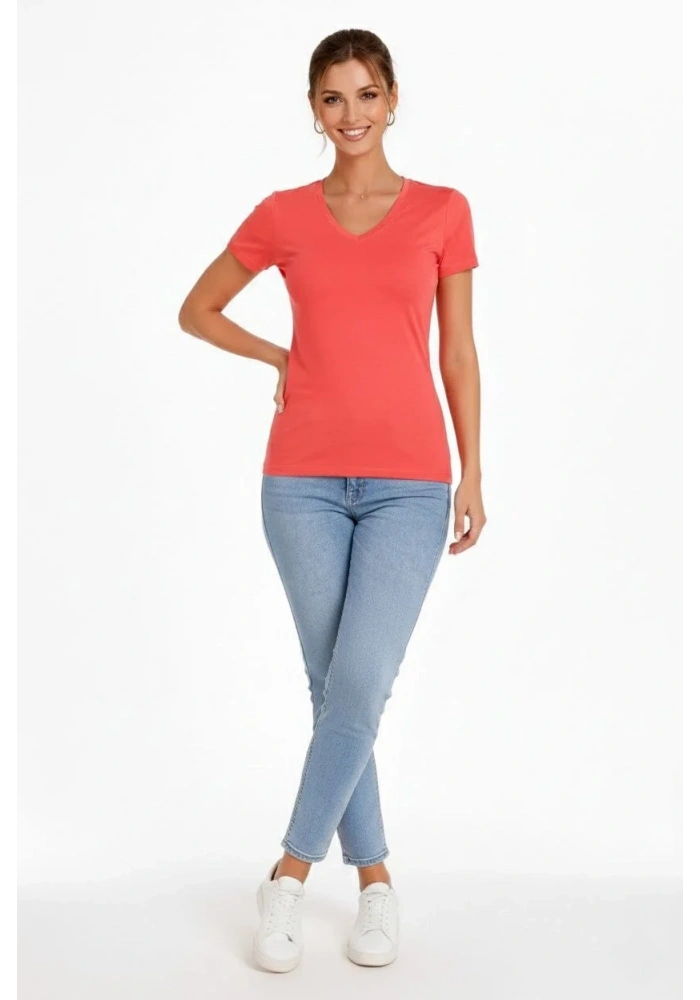 Kadın T-Shirt V Yaka Slim Fit Likralı Tişört Yazlık Basic Body - Nar Çiçeği