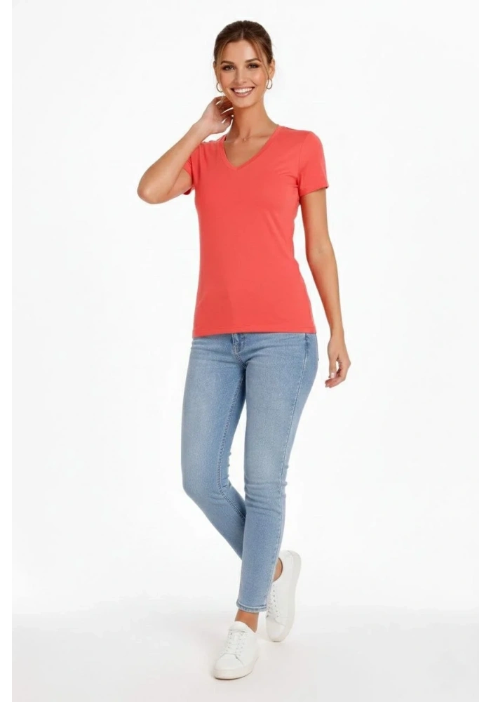 Kadın T-Shirt V Yaka Slim Fit Likralı Tişört Yazlık Basic Body - Nar Çiçeği