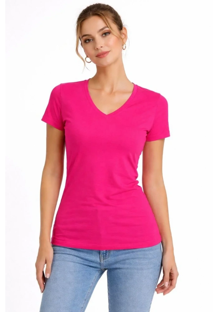 Kadın T-Shirt V Yaka Slim Fit Likralı Tişört Yazlık Basic Body - Pembe