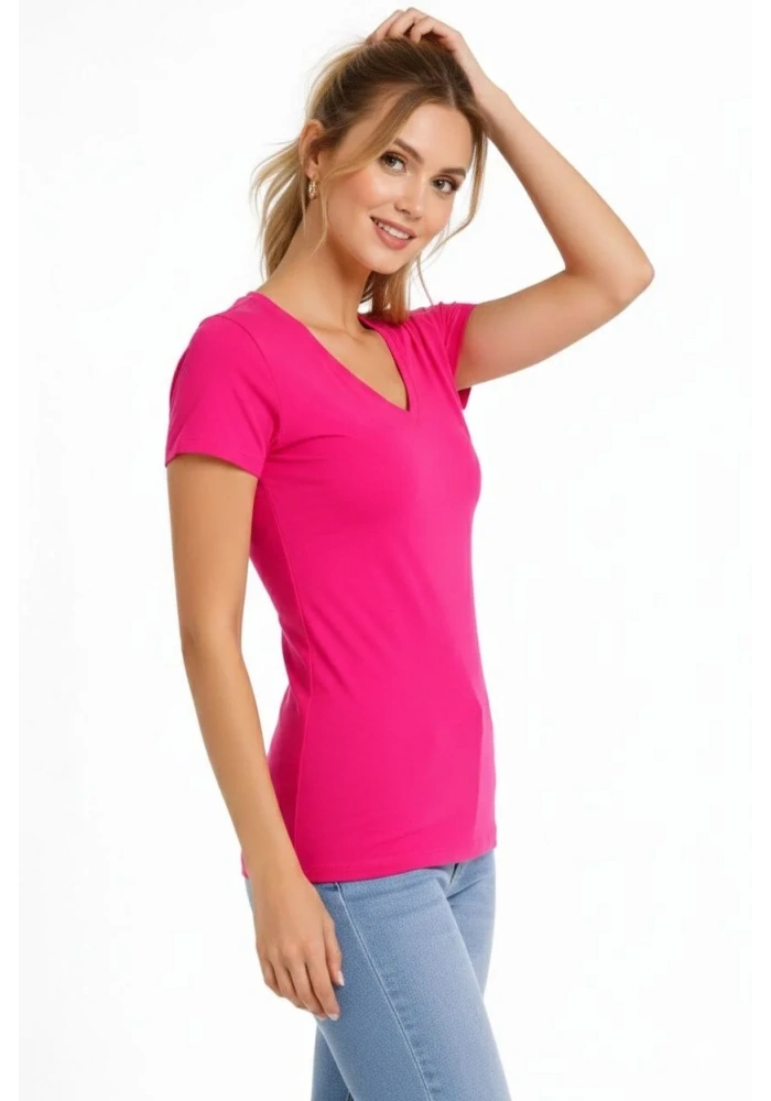 Kadın T-Shirt V Yaka Slim Fit Likralı Tişört Yazlık Basic Body - Pembe