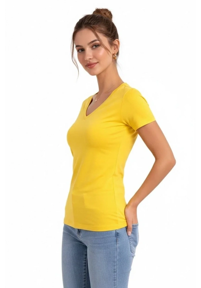 Kadın T-Shirt V Yaka Slim Fit Likralı Tişört Yazlık Basic Body - Sarı