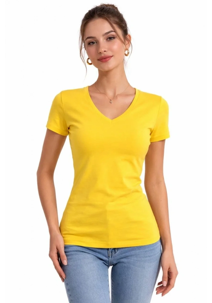 Kadın T-Shirt V Yaka Slim Fit Likralı Tişört Yazlık Basic Body - Sarı