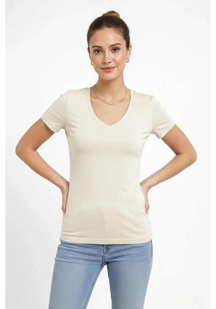 Kadın T-Shirt V Yaka Slim Fit Likralı Tişört Yazlık Basic Body - Taş