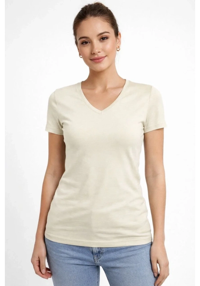 Kadın T-Shirt V Yaka Slim Fit Likralı Tişört Yazlık Basic Body - Taş