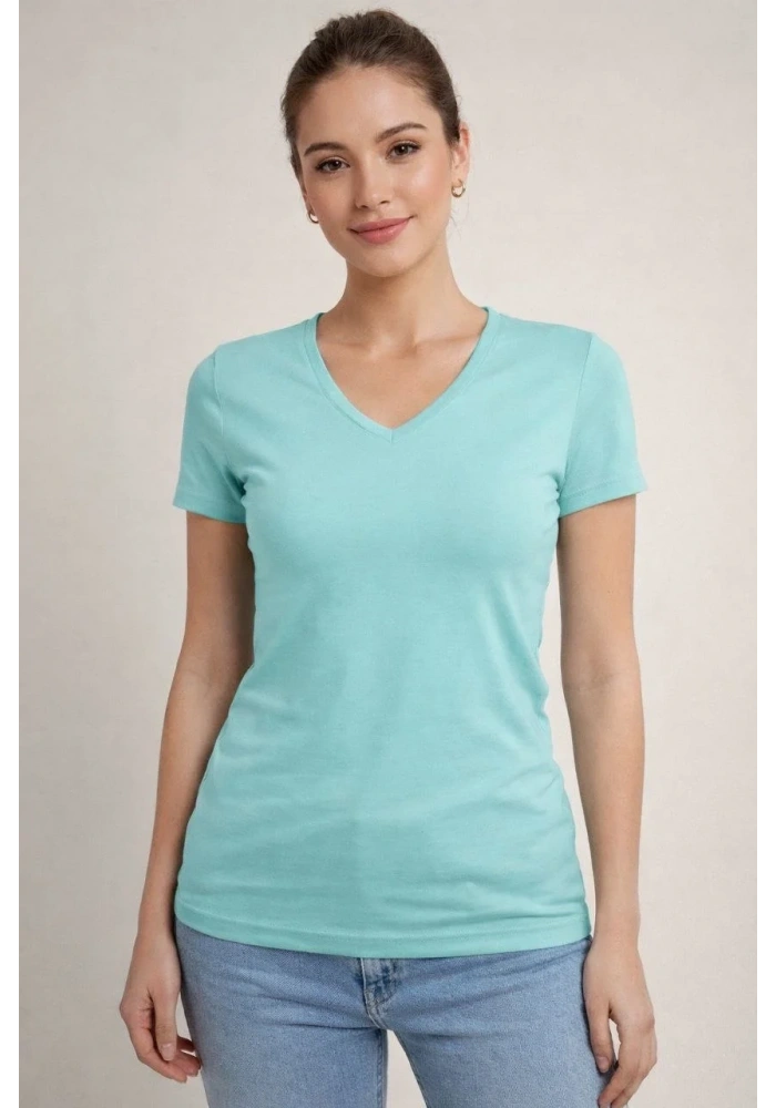 Kadın T-Shirt V Yaka Slim Fit Likralı Tişört Yazlık Basic Body - Turkuvaz