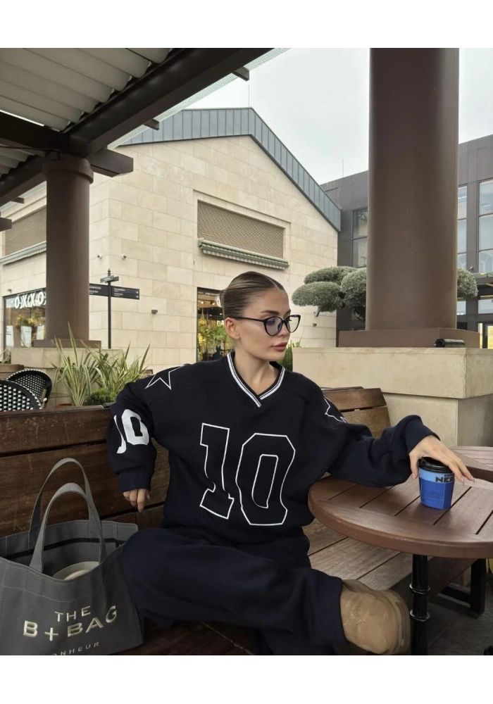 Kadın V Yaka 3 İplik Pamuklu Baskılı Eşofman ikili Takım - Siyah