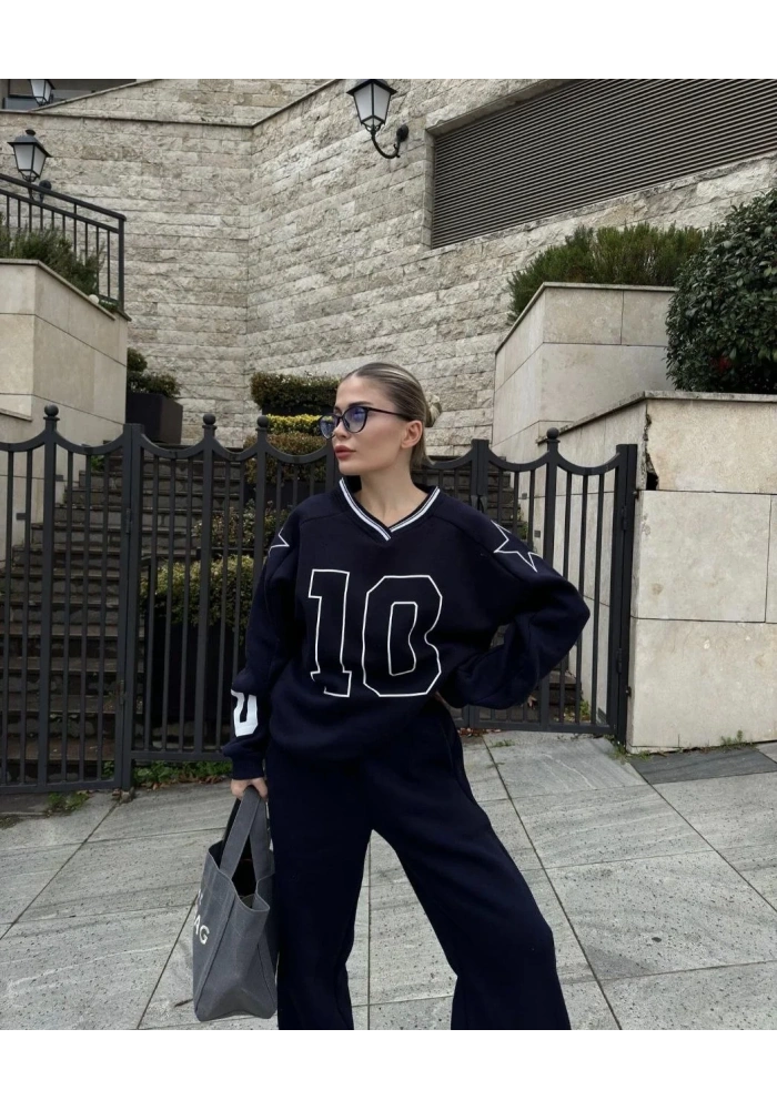 Kadın V Yaka 3 İplik Pamuklu Baskılı Eşofman ikili Takım - Siyah