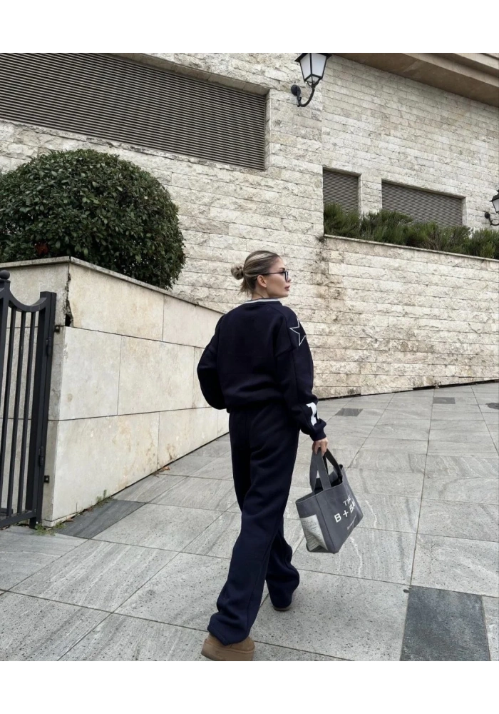 Kadın V Yaka 3 İplik Pamuklu Baskılı Eşofman ikili Takım - Siyah