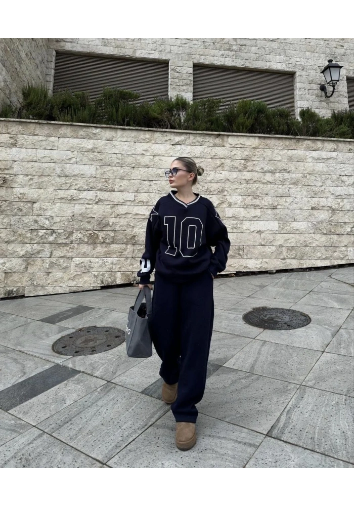 Kadın V Yaka 3 İplik Pamuklu Baskılı Eşofman ikili Takım - Siyah