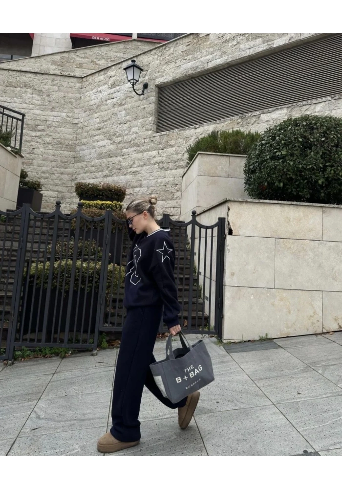 Kadın V Yaka 3 İplik Pamuklu Baskılı Eşofman ikili Takım - Siyah