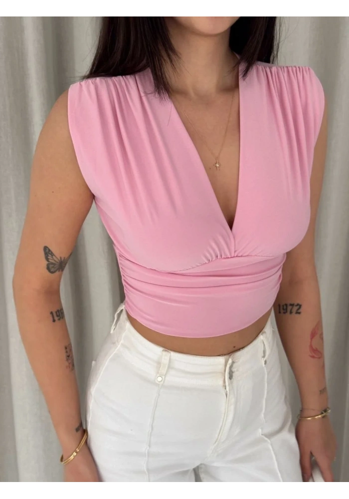 Kadın Vatkalı Kolsuz V Yaka Drapeli Crop Bluz Likralı Fit - Pembe