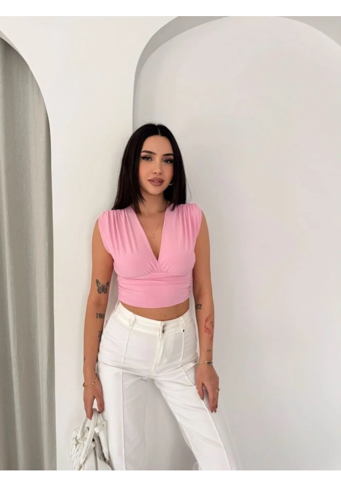 Kadın Vatkalı Kolsuz V Yaka Drapeli Crop Bluz Likralı Fit - Pembe