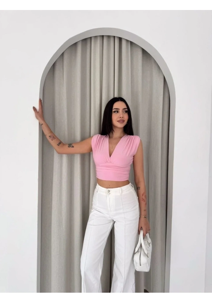 Kadın Vatkalı Kolsuz V Yaka Drapeli Crop Bluz Likralı Fit - Pembe