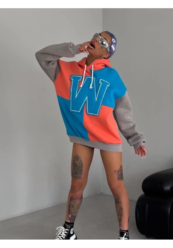 Kadın W Nakış İşlemeli Kapüşonlu Sweatshirt - Mavi