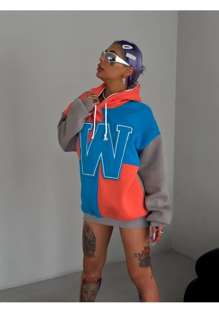 Kadın W Nakış İşlemeli Kapüşonlu Sweatshirt - Mavi