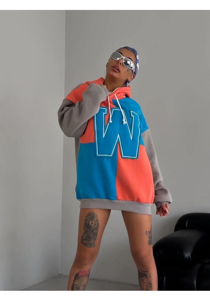 Kadın W Nakış İşlemeli Kapüşonlu Sweatshirt - Mavi