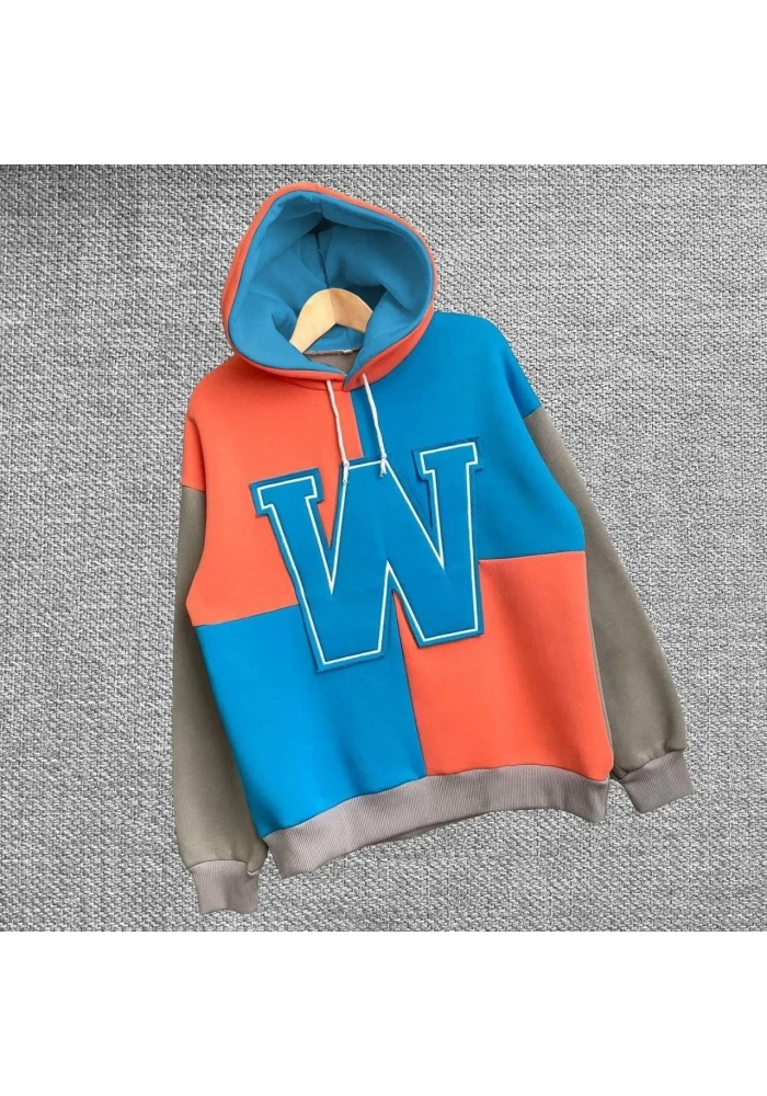 Kadın W Nakış İşlemeli Kapüşonlu Sweatshirt - Mavi