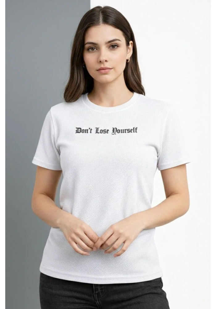Kadın Wafıl Kumaş Tişört Regular Kalıp Bisiklet Yaka Baskılı T-Shirt - Beyaz