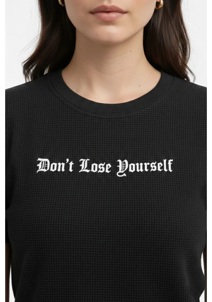 Kadın Wafıl Kumaş Tişört Regular Kalıp Bisiklet Yaka Baskılı Günlük Basic T-Shirt - Siyah