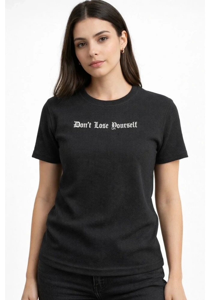 Kadın Wafıl Kumaş Tişört Regular Kalıp Bisiklet Yaka Baskılı T-Shirt - Siyah