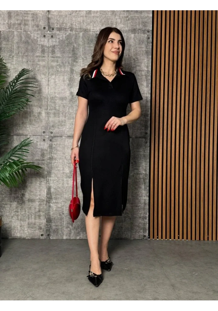 Kadın Yaka Ribanalı Çift Yırtmaçlı Elbise