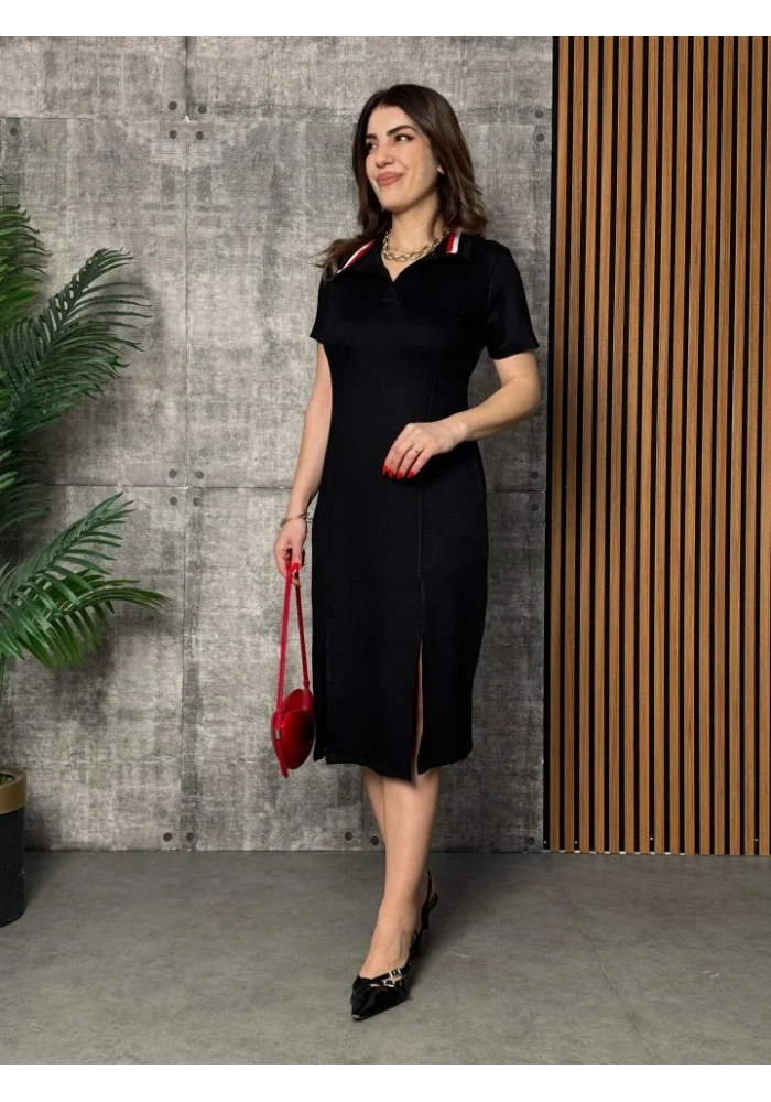 Kadın Yaka Ribanalı Çift Yırtmaçlı Elbise