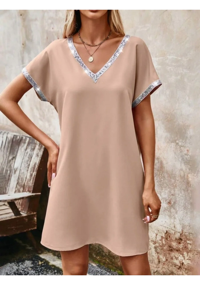 Kadın Yaka Ve Kol Pul Payet şeritli Ithal Krep Elbise