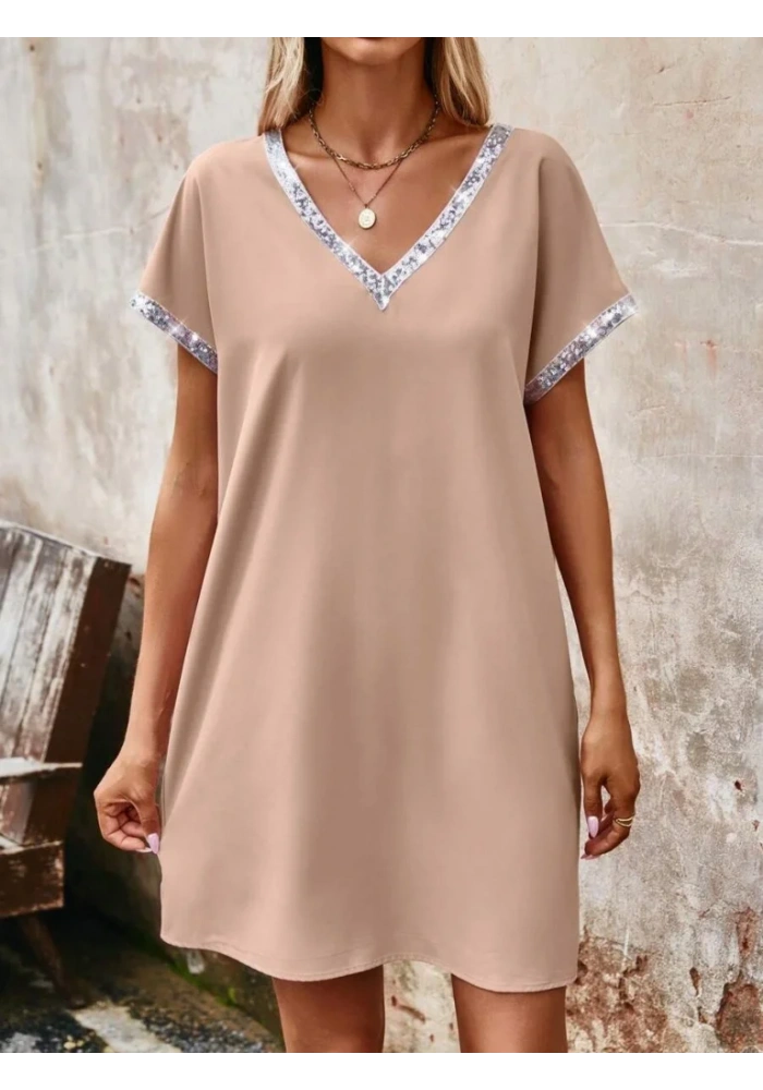 Kadın Yaka Ve Kol Pul Payet şeritli Ithal Krep Elbise