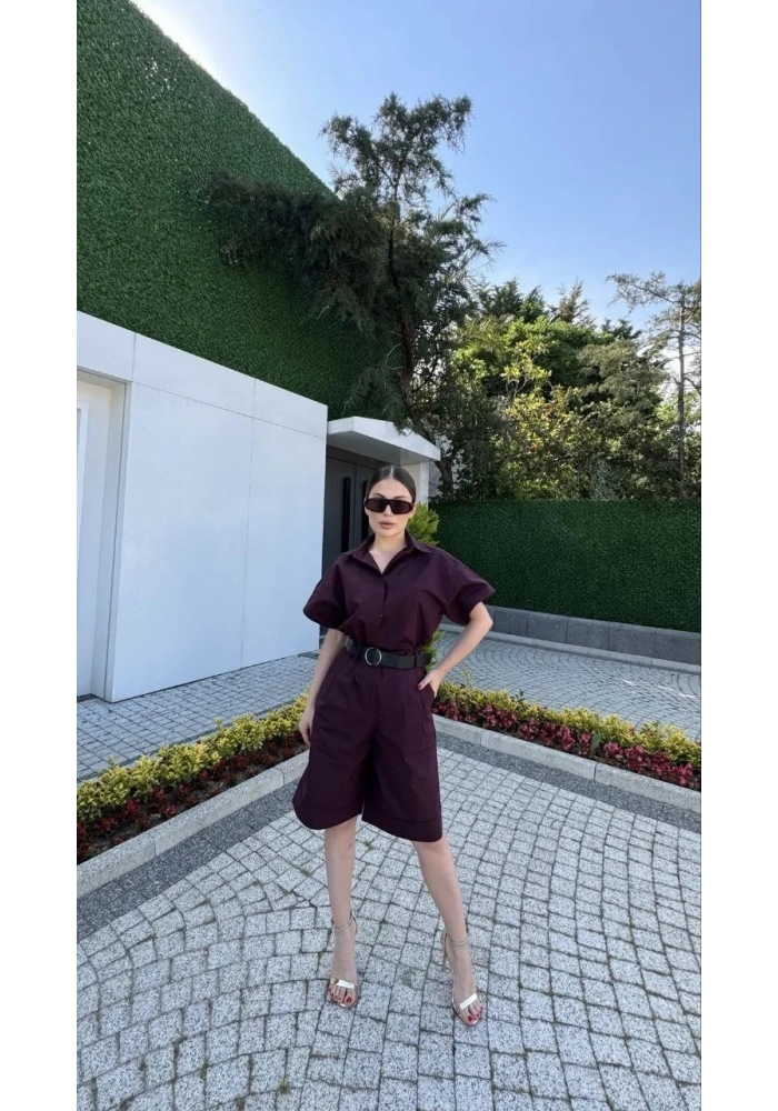 Kadın Yakalı Gömlek Kemerli Şortlu Alt-Üst Takım - Bordo