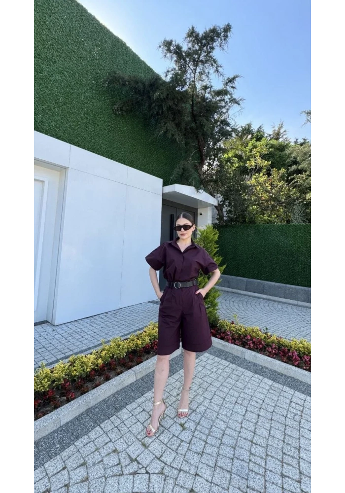Kadın Yakalı Gömlek Kemerli Şortlu Takım - Bordo