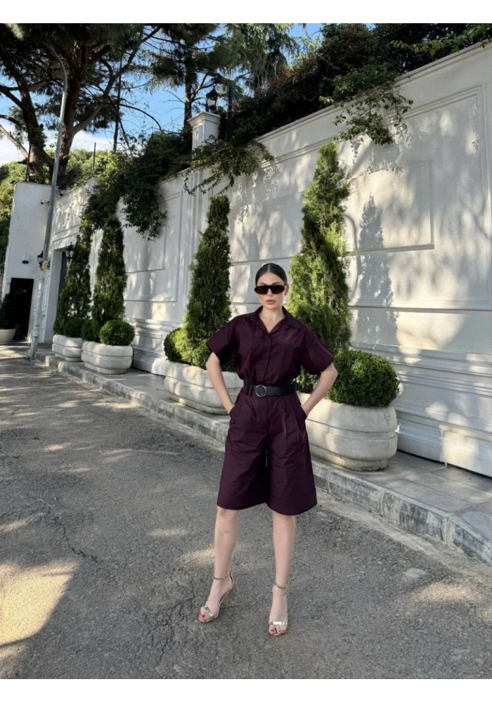Kadın Yakalı Gömlek Kemerli Şortlu Takım - Bordo