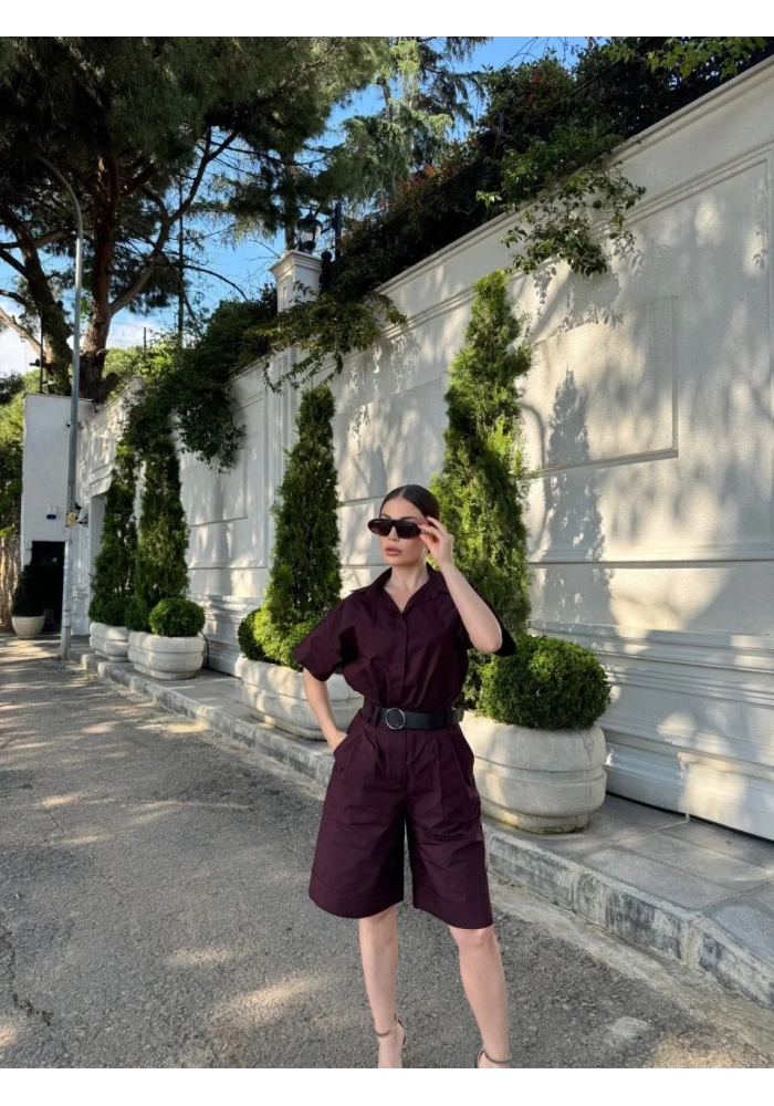 Kadın Yakalı Gömlek Kemerli Şortlu Takım - Bordo