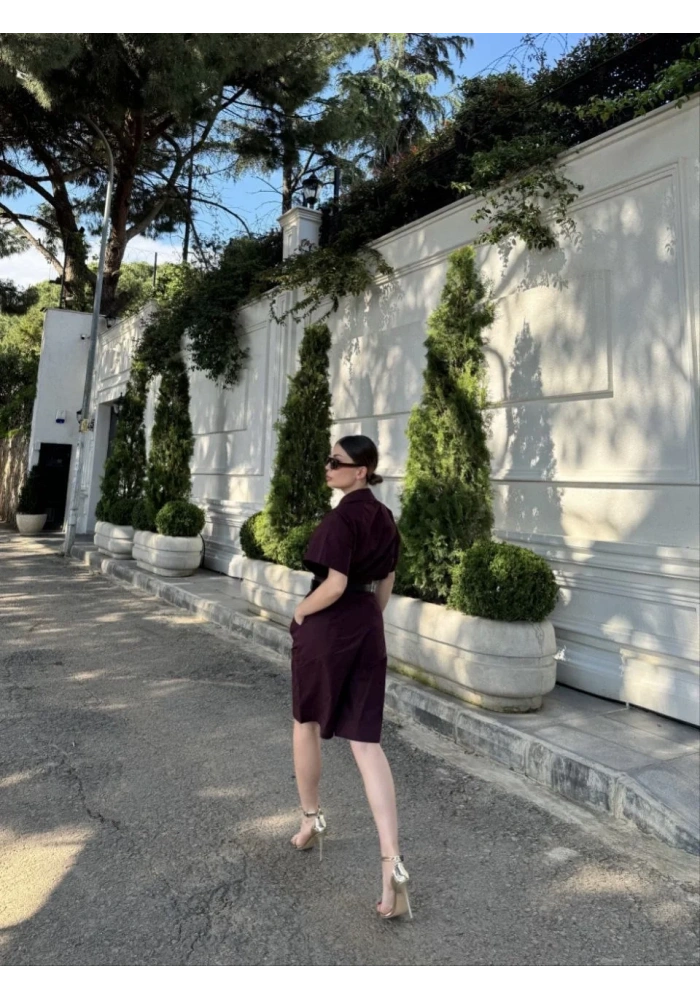 Kadın Yakalı Gömlek Kemerli Şortlu Alt-Üst Takım - Bordo