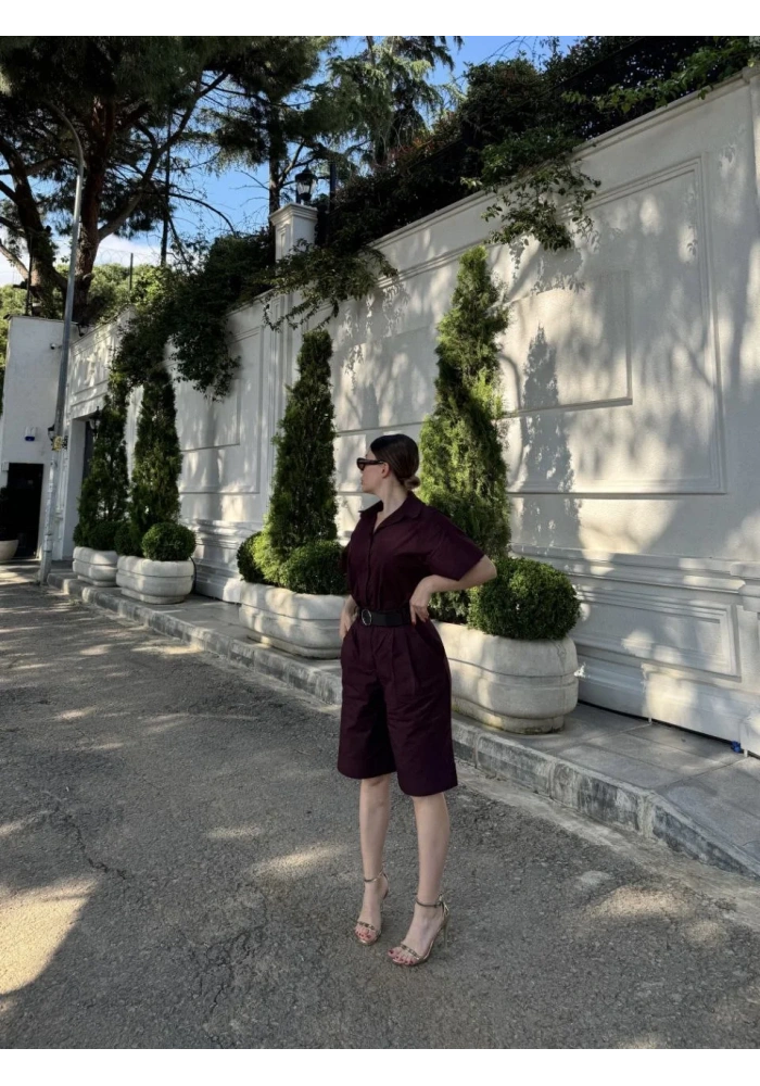 Kadın Yakalı Gömlek Kemerli Şortlu Takım - Bordo