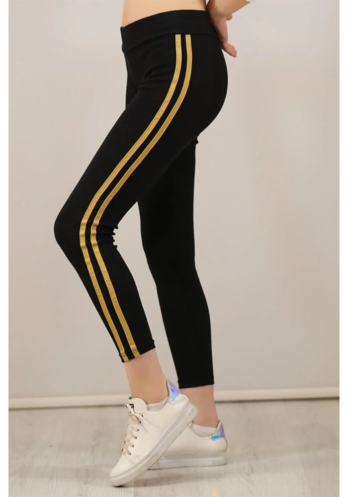 Kadın Yanı Sarı Şeritli Tayt - Siyah
