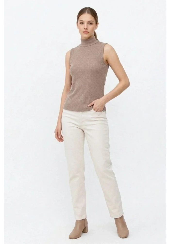 Kadın Yarım Balıkçı Yaka Fitilli Kaşkorse Atlet Basic Şık Badi - Bej