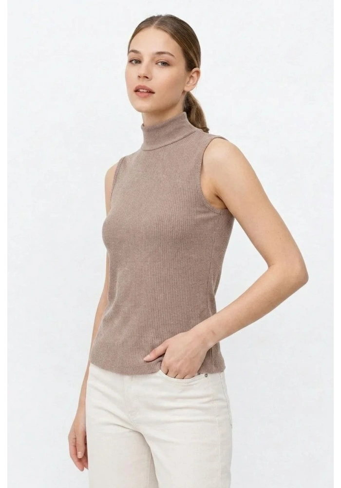 Kadın Yarım Balıkçı Yaka Fitilli Kaşkorse Atlet Basic Şık Bluz Badi - Bej