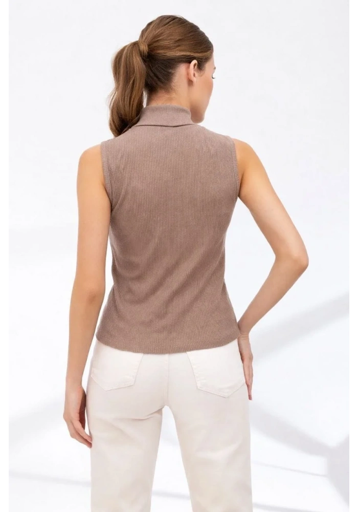 Kadın Yarım Balıkçı Yaka Fitilli Kaşkorse Atlet Basic Şık Badi - Bej