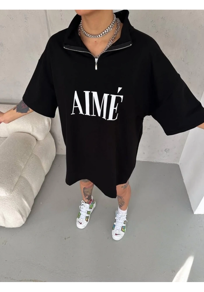 Kadın Yarım Fermuarlı Tişört Baskılı T-Shirt - Siyah