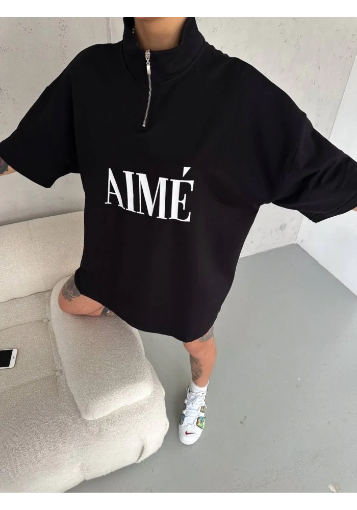 Kadın Yarım Fermuarlı Tişört Baskılı T-Shirt - Siyah