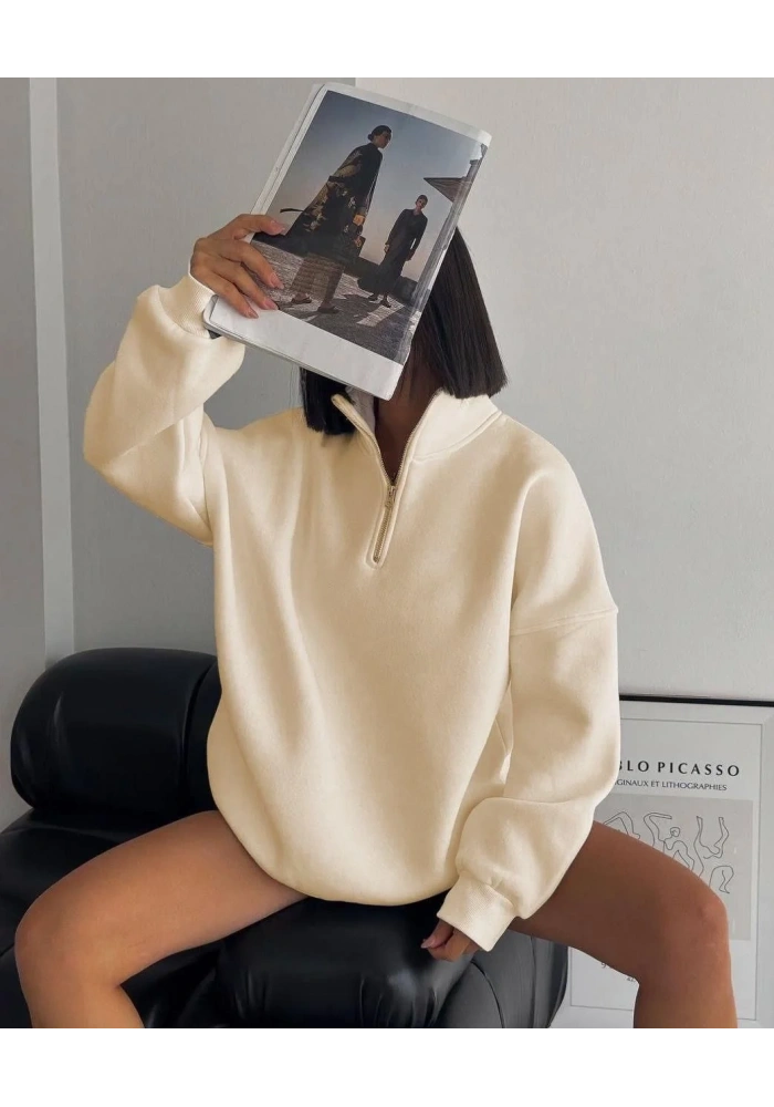 Kadın 3 İplik Pamuklu Oversize Yarım Fermuarlı Yakalı Basic Sweatshirt - Bej
