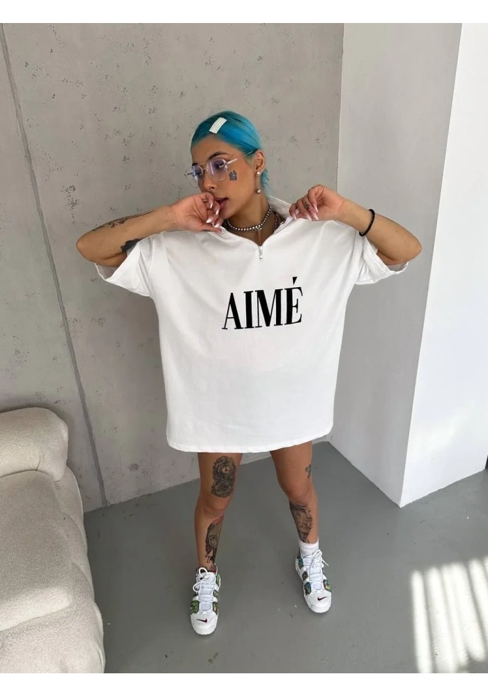 Kadın Yarım Fermuarlı Tişört Kısa kol Baskılı T-Shirt - Beyaz